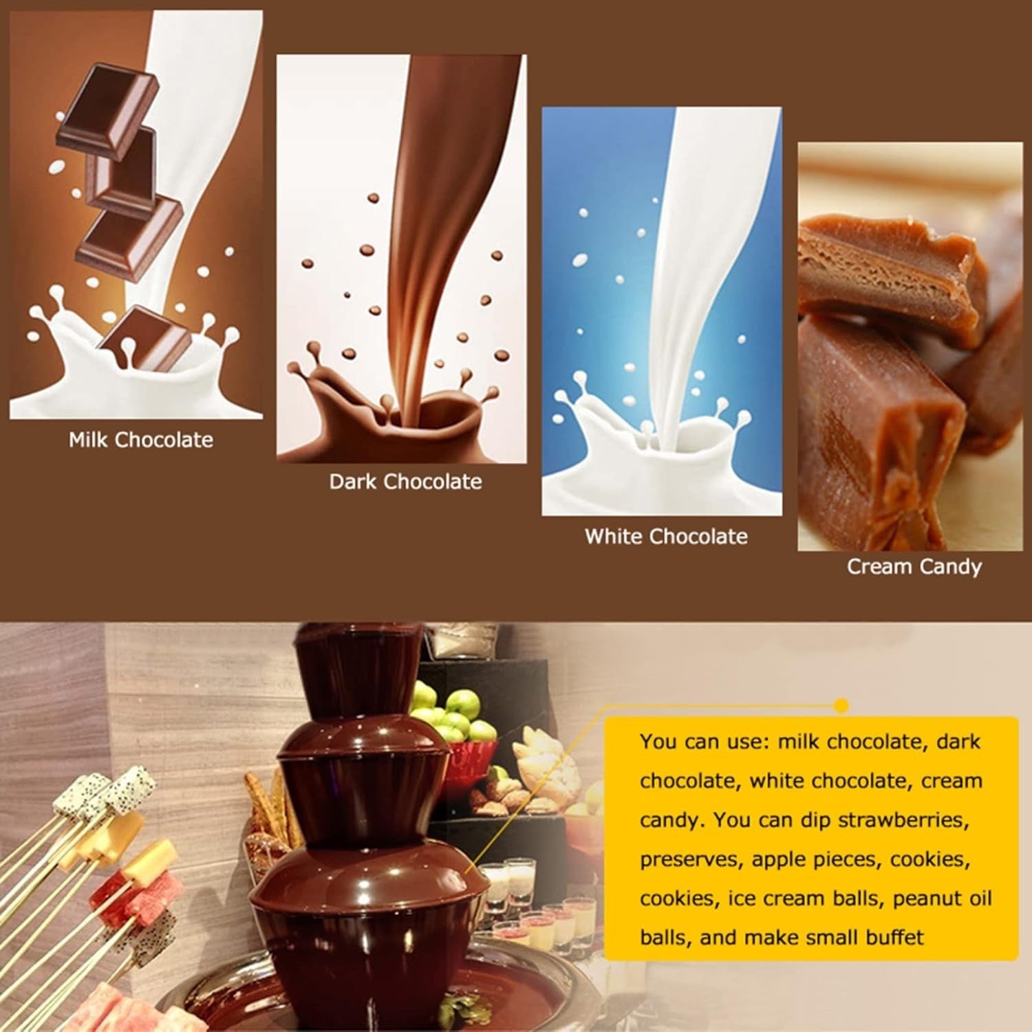 Electric Chocolate Fountain 3 Tier Stainless Steel Fondue Machine