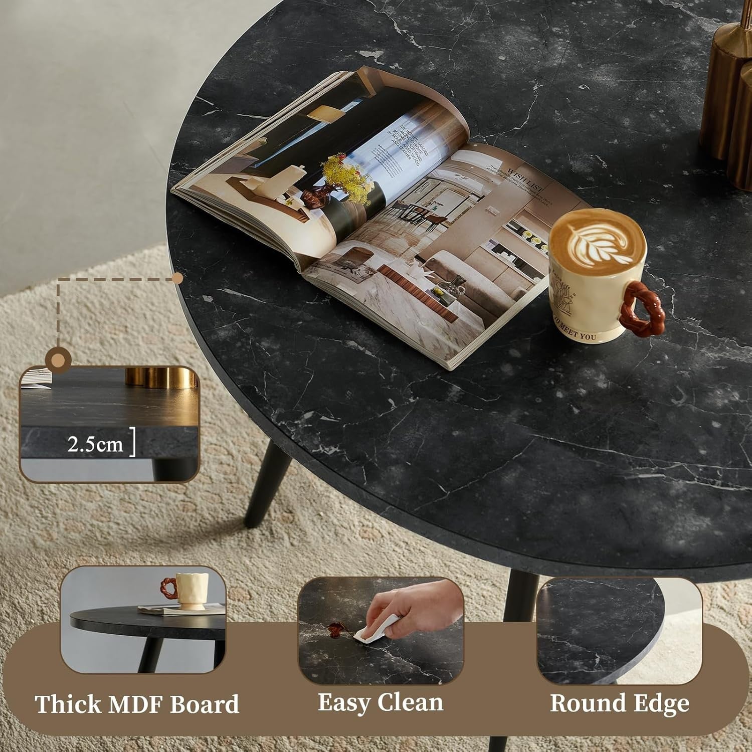 Modern Round Dining Table Set 2 Faux Suede Chairs Kitchen & Restaurant
