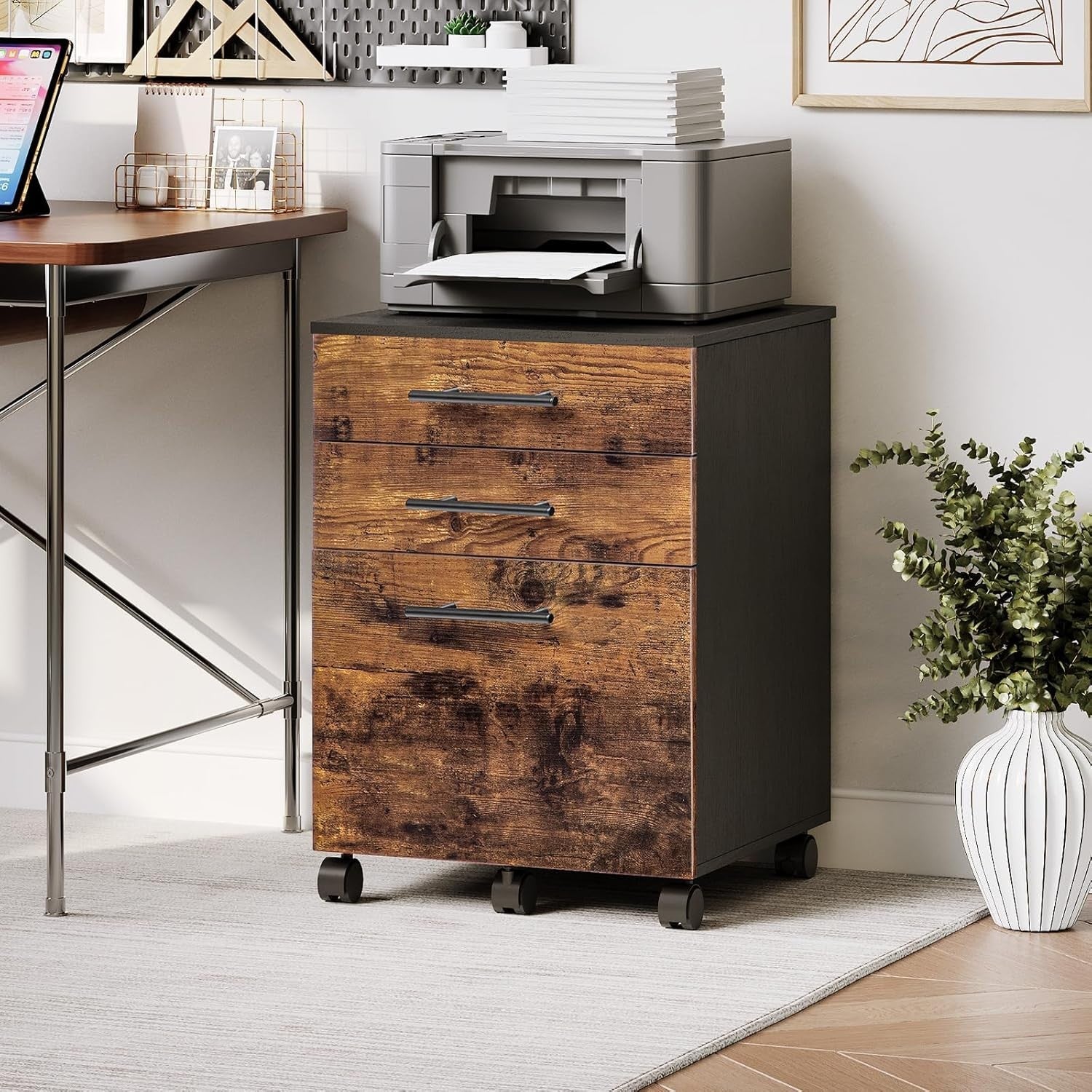 3 Drawer Mobile Filing Cabinet Rolling Office Storage Rustic Brown Black