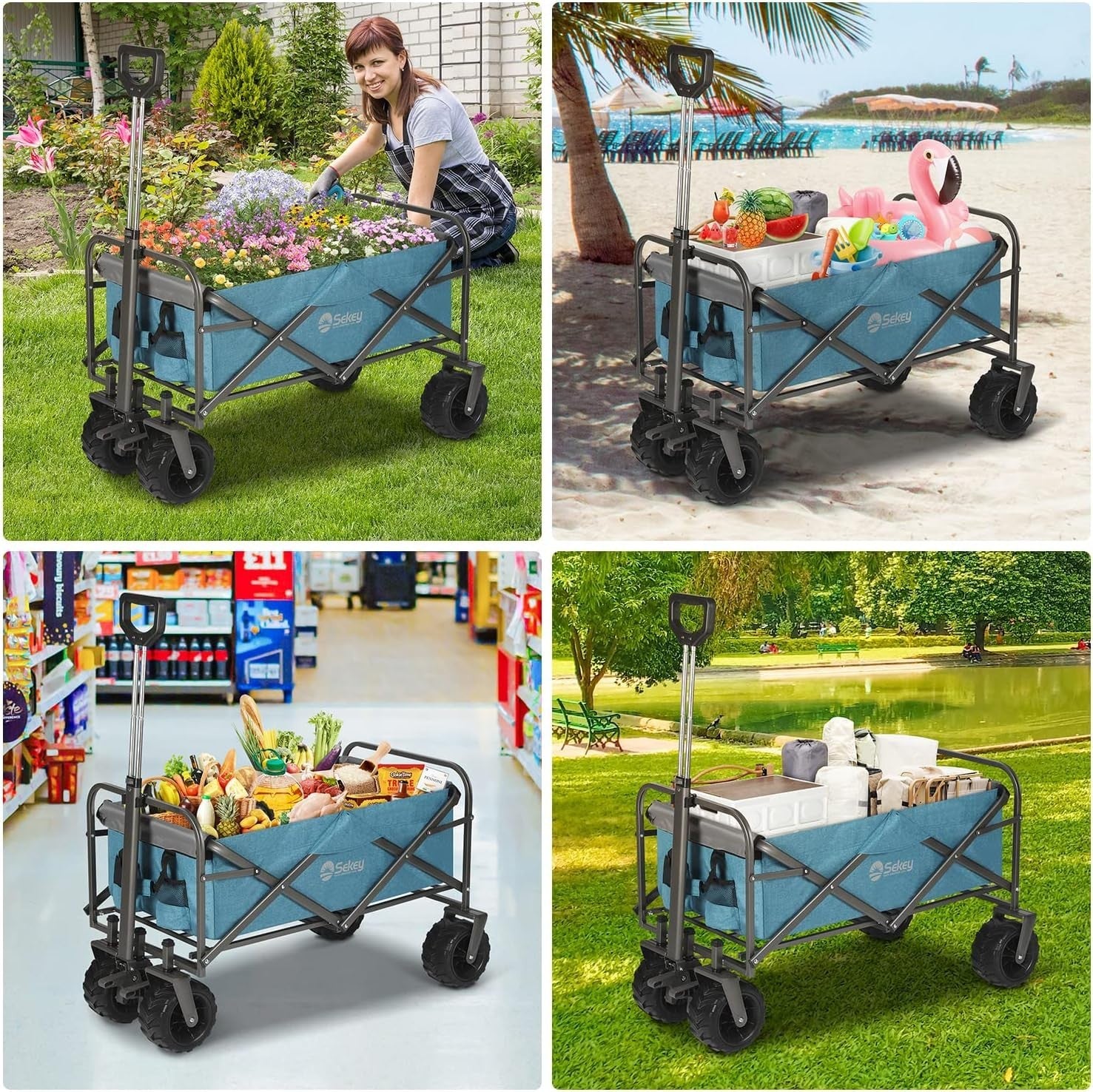 Blue 440lb Heavy Duty Folding Wagon Trolley w/ Wide All-Terrain Wheels & Brake