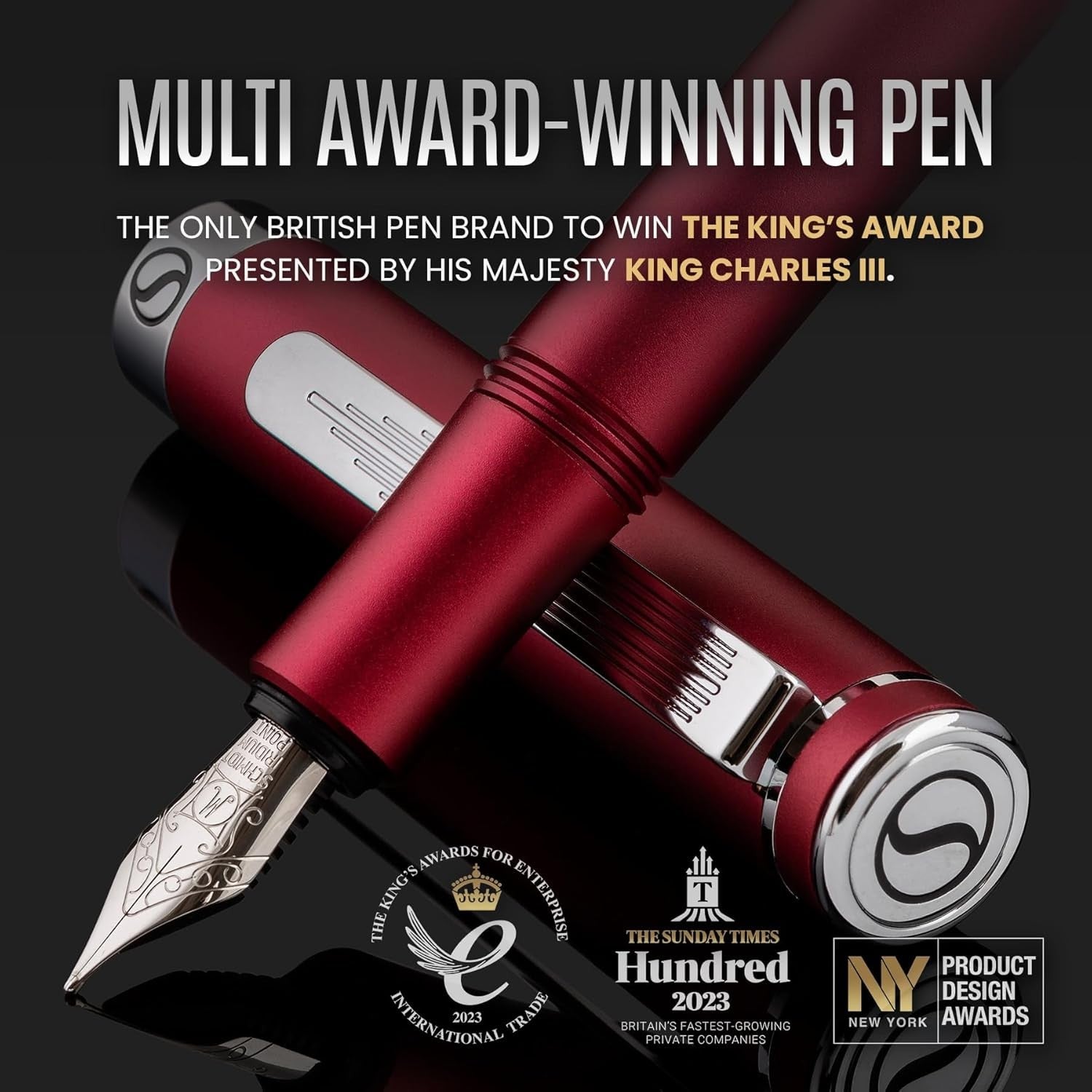 Luxury Fountain Pen Fine Nib Matt Red Chrome Gift Box Set