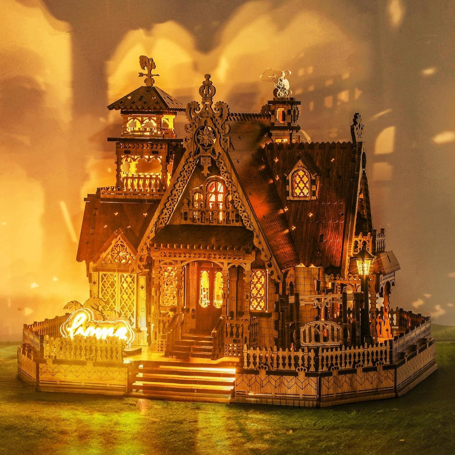 LED 3D Wooden Cottage Puzzle DIY Miniature House Model Kit Home Decor