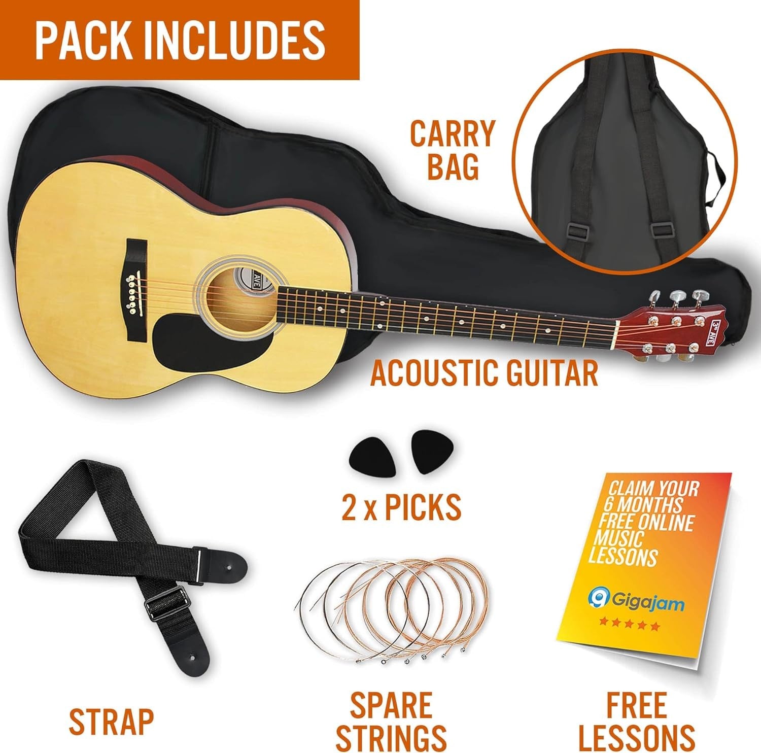 Full Size 4/4 Acoustic Guitar Starter Pack Steel String Natural