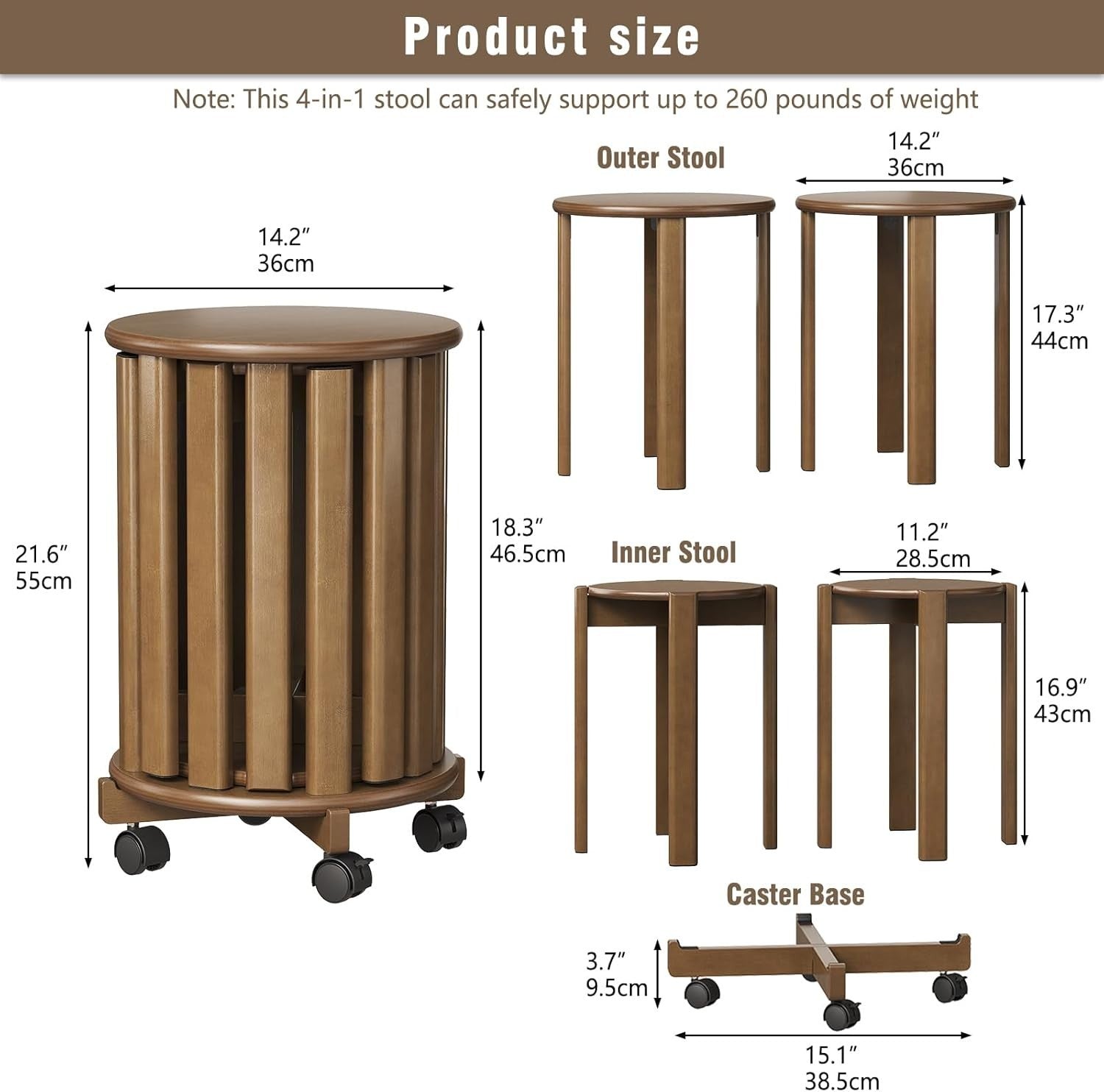 4-in-1 Bamboo Nesting Stools Set, Round Stackable End Tables with Wheels