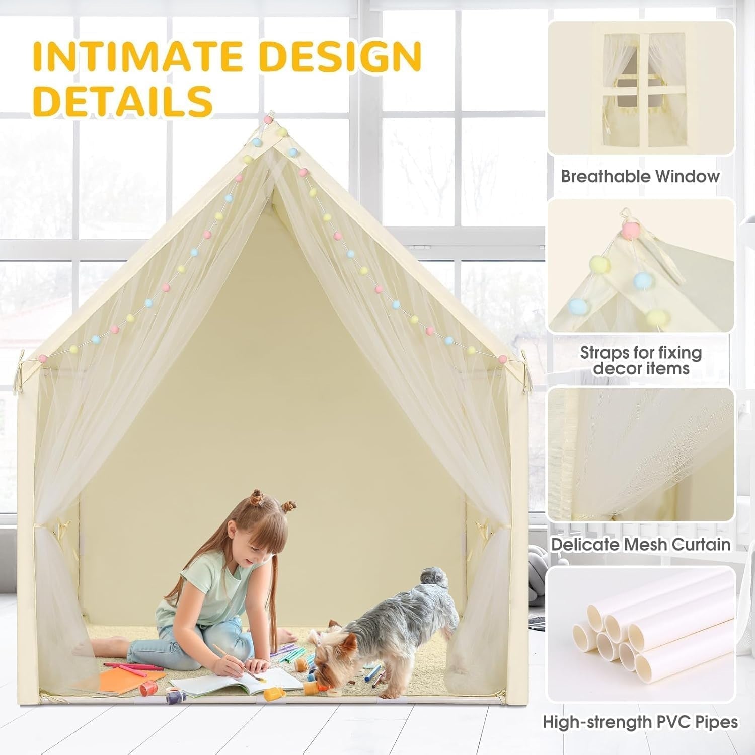 Large Kids Play Tent Indoor Outdoor Castle Bed Playhouse Pale Yellow