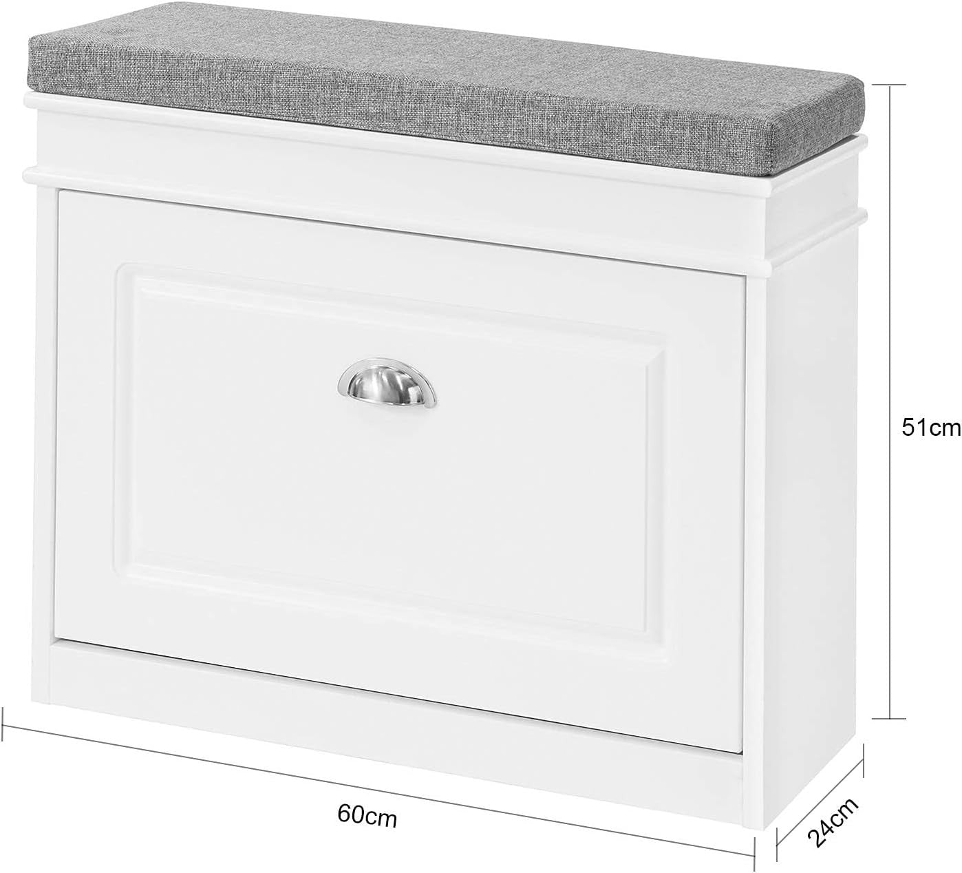 Narrow Shoe Storage Bench with Flip Drawer & Cushion, 60x24x51 cm White
