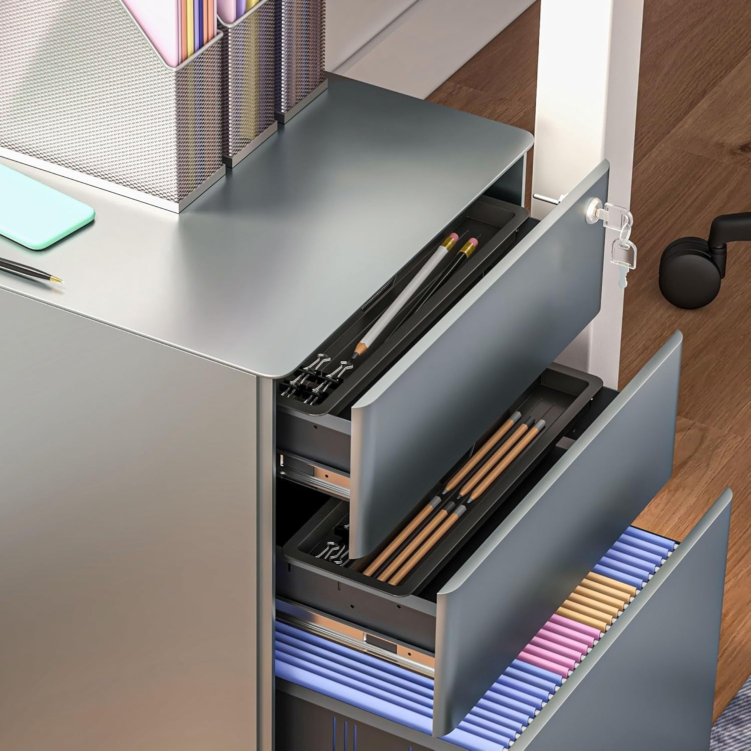 Grey 3 Drawer Mobile Filing Cabinet Lockable Steel A4 Letter Office Storage