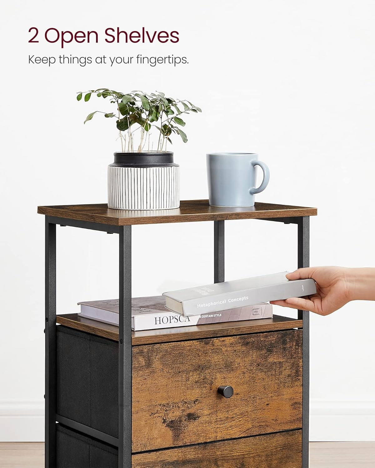 Rustic Tall Bedside Table with 2 Fabric Drawers & Open Shelf, Industrial Style
