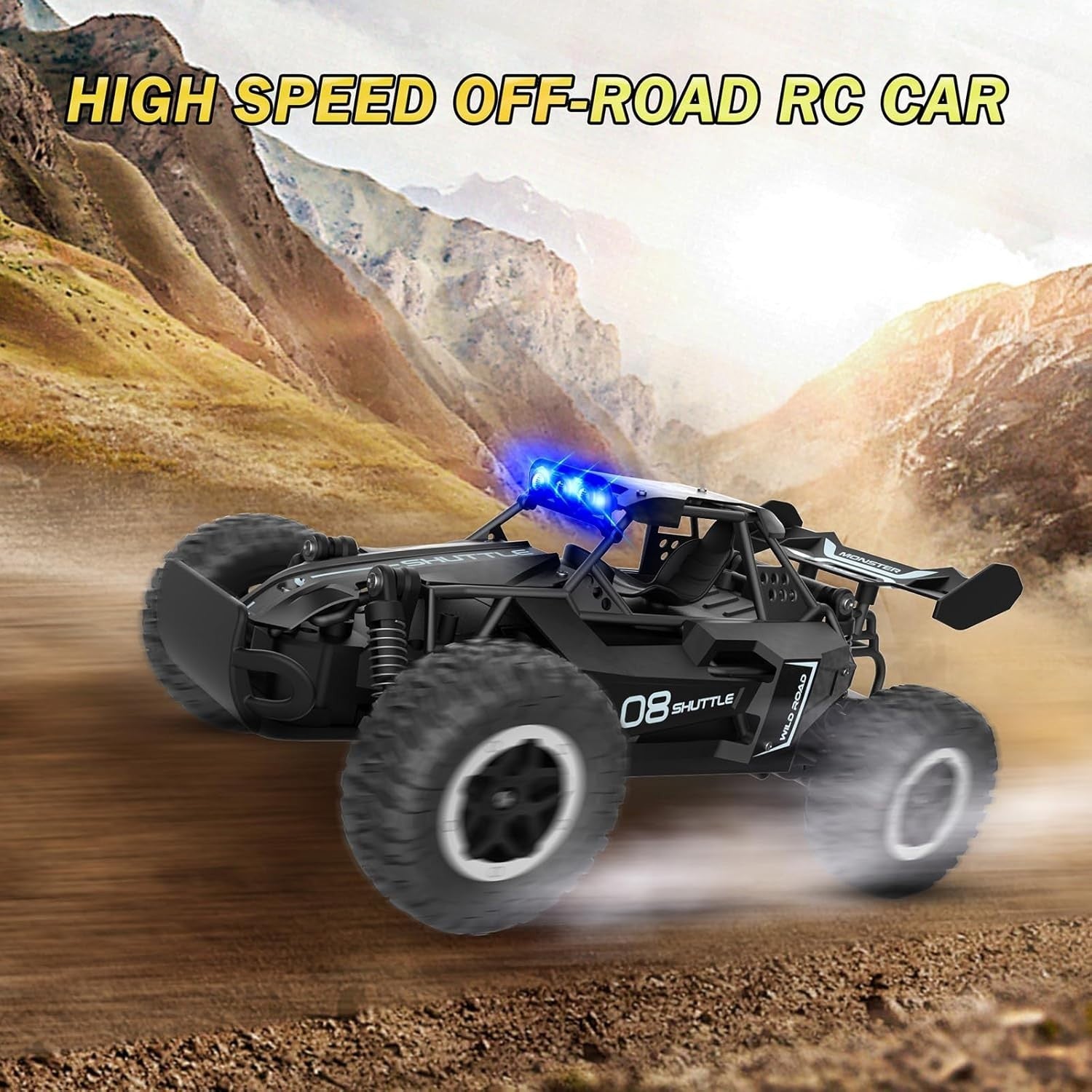 High-Speed 2WD RC Car for Kids with LED Lights & 2 Batteries – Black