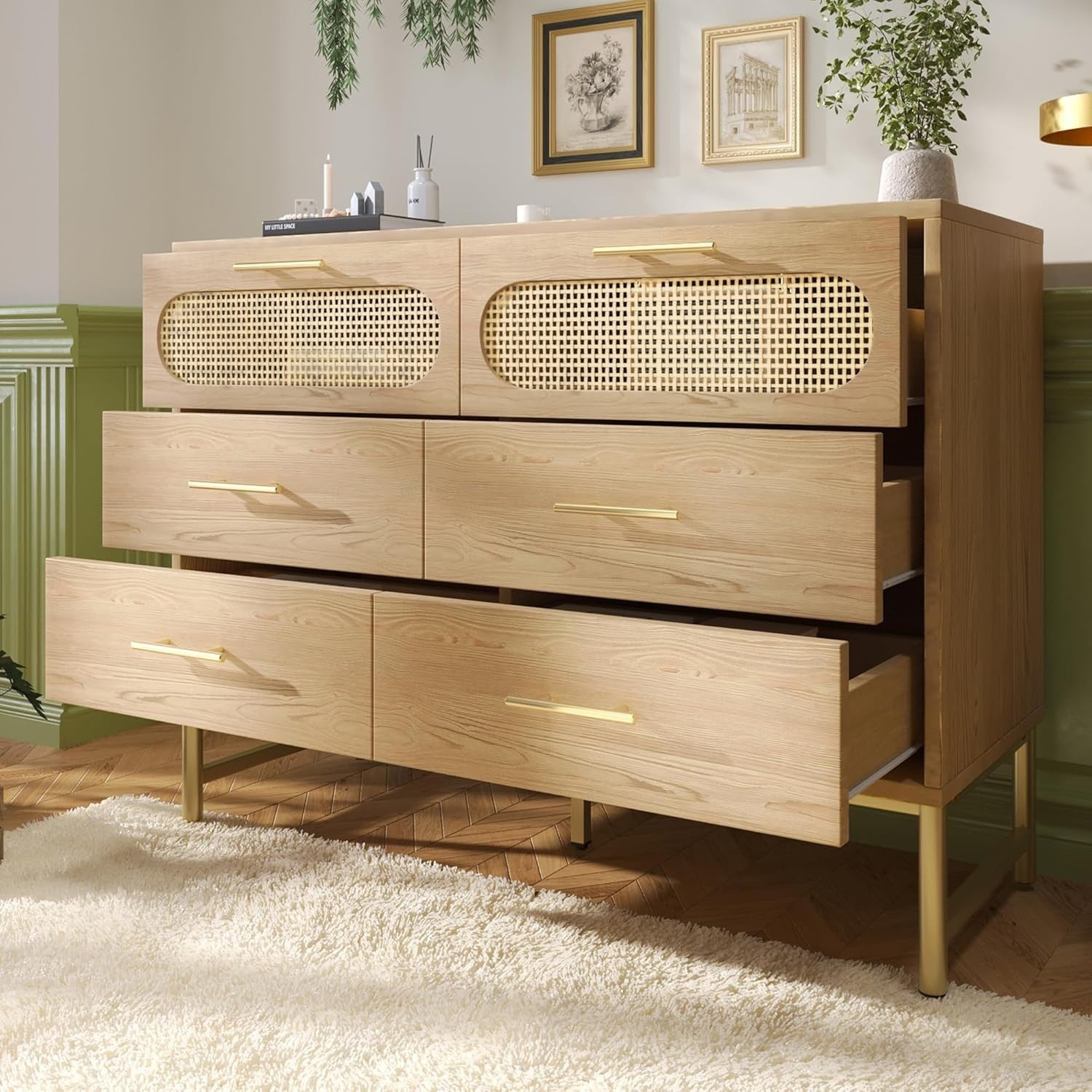 120cm Rattan Oak Sideboard Cabinet 6 Drawer Storage Unit for Hallway
