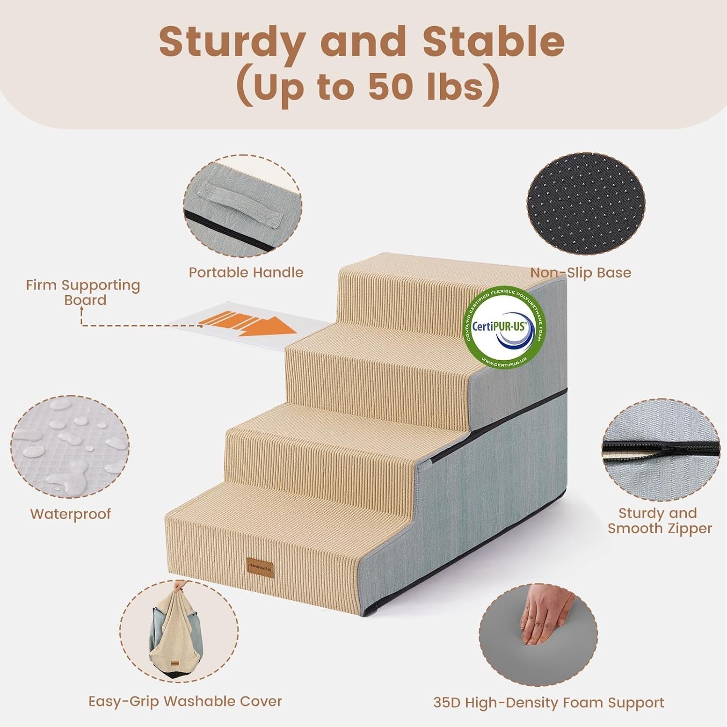 4-Step Extra Wide Dog Stairs for Bed Foam Ramp Non-Slip Beige 47cm H