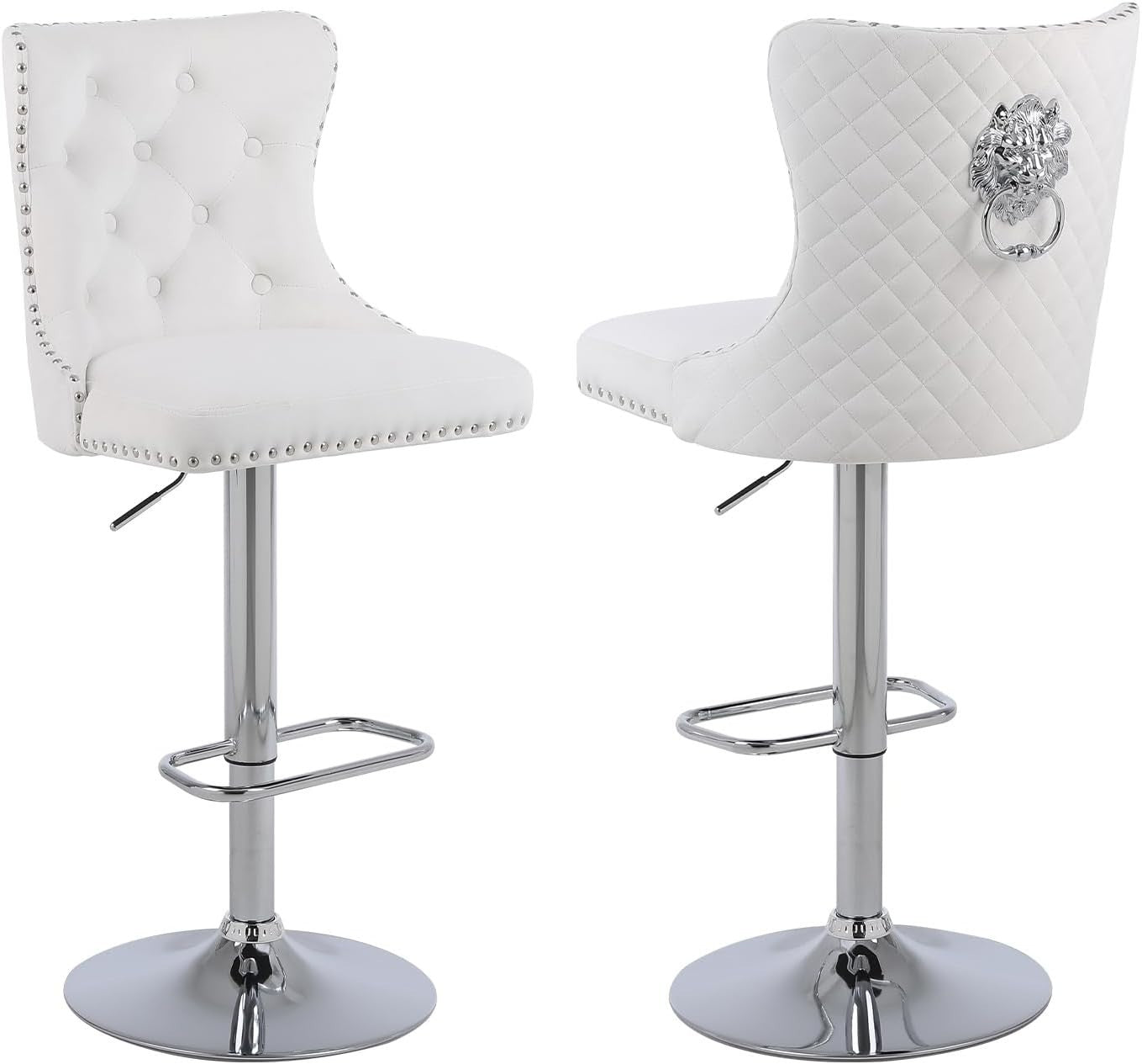 Velvet Bar Stools Set of 2 White Cream Chrome Legs Adjustable Swivel Chairs