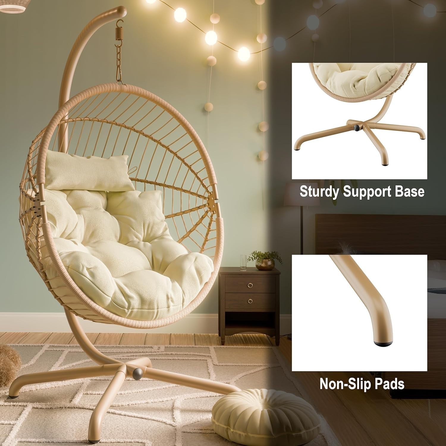 Foldable Rattan Hanging Egg Chair for Indoor Outdoor with Cushion