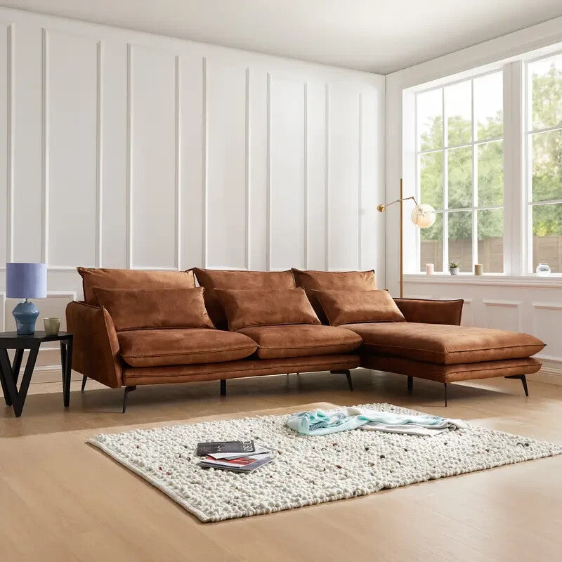 Luxury 3 Seater Corner Sofa w/ Right Chaise Velvet Rust Orange Modern