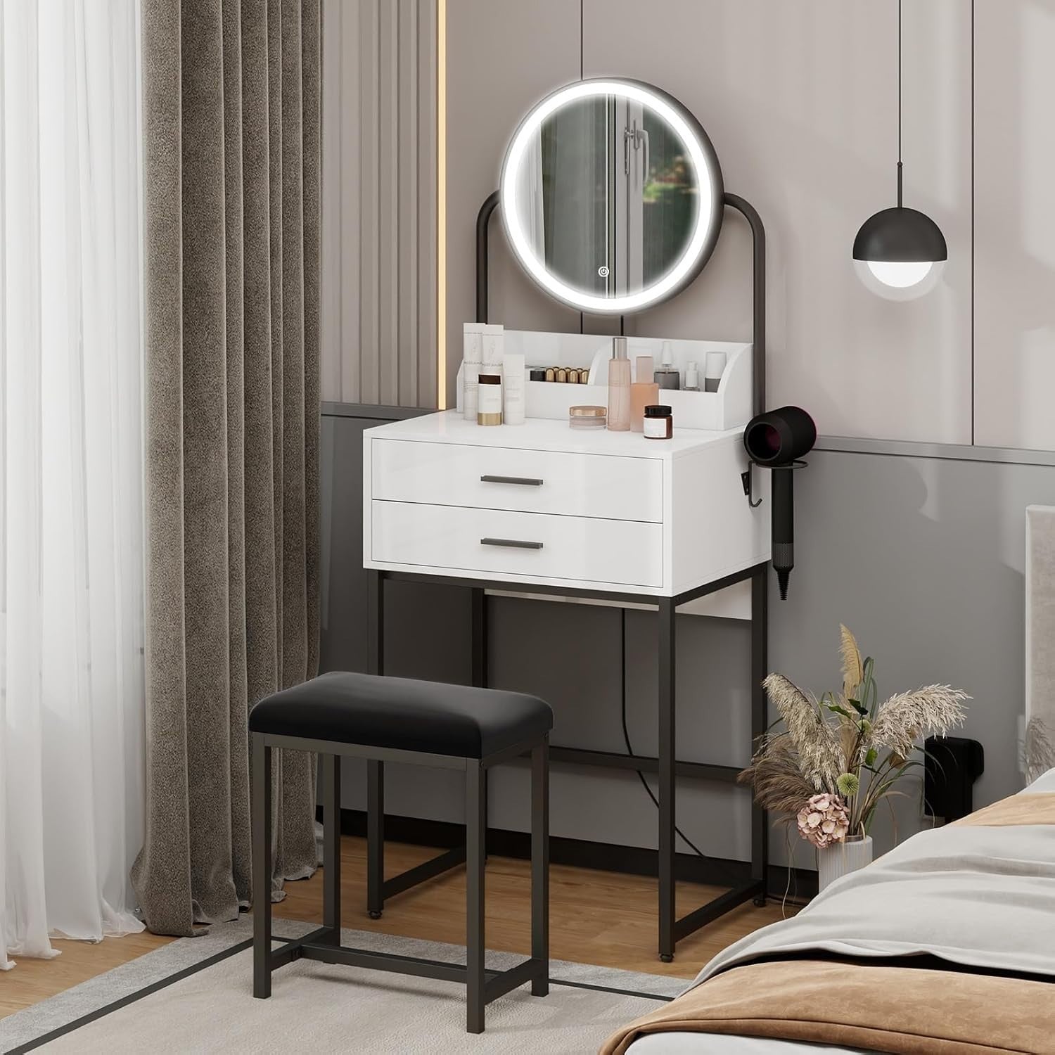 Vanity Dressing Table Makeup Desk Mirror LED Lights Drawers Stool White/Black