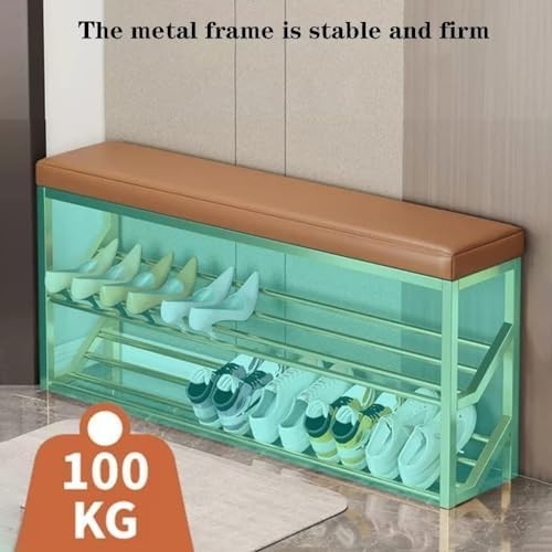2-Tier Entryway Shoe Bench with Padded Seat & Metal Storage Rack Gold Gray