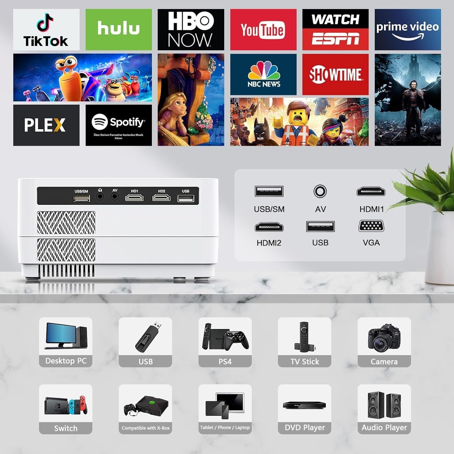 1080P WiFi Bluetooth Projector 300" Home Theater 4K Support Full HD