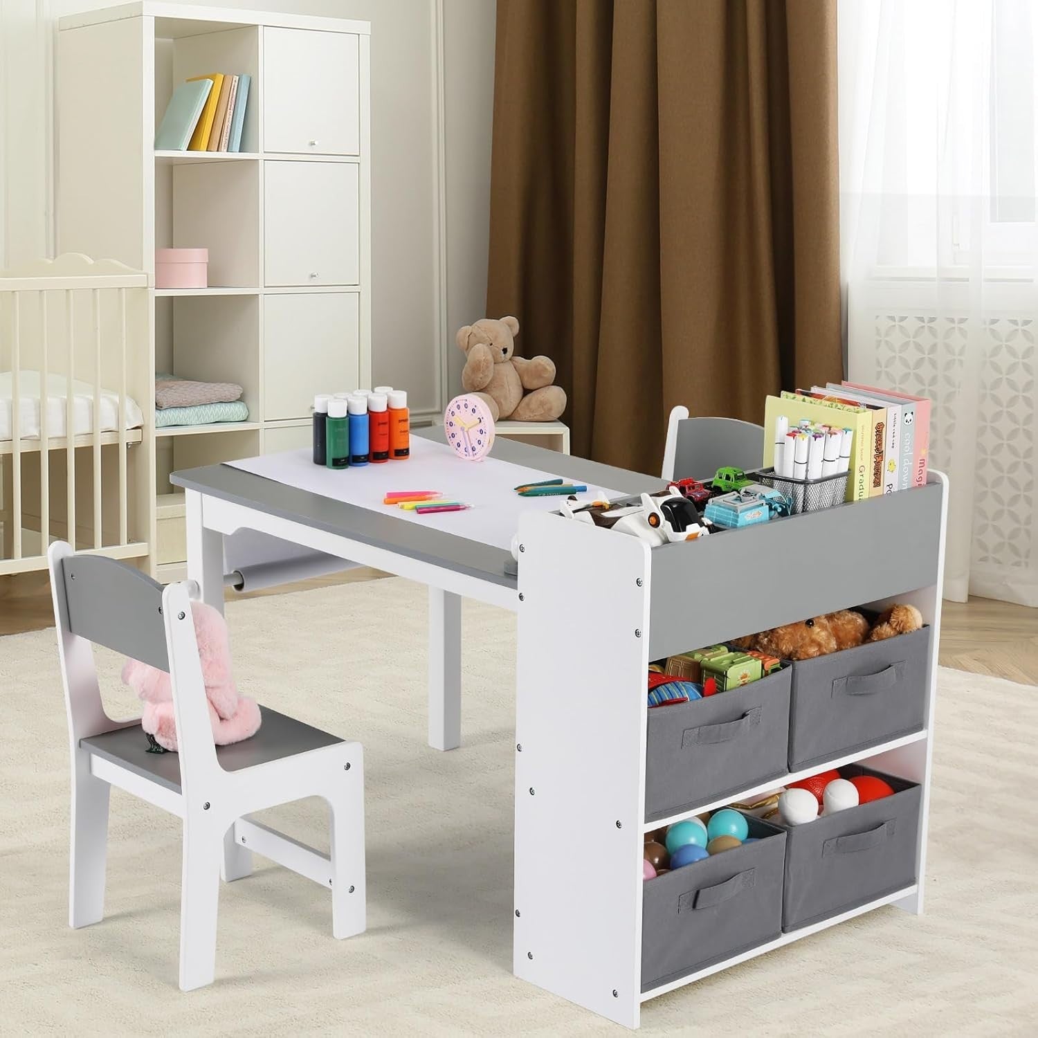 Kids Table and Chairs Set Wooden 2in1 Art Craft Desk w/ Storage & Paper Roll