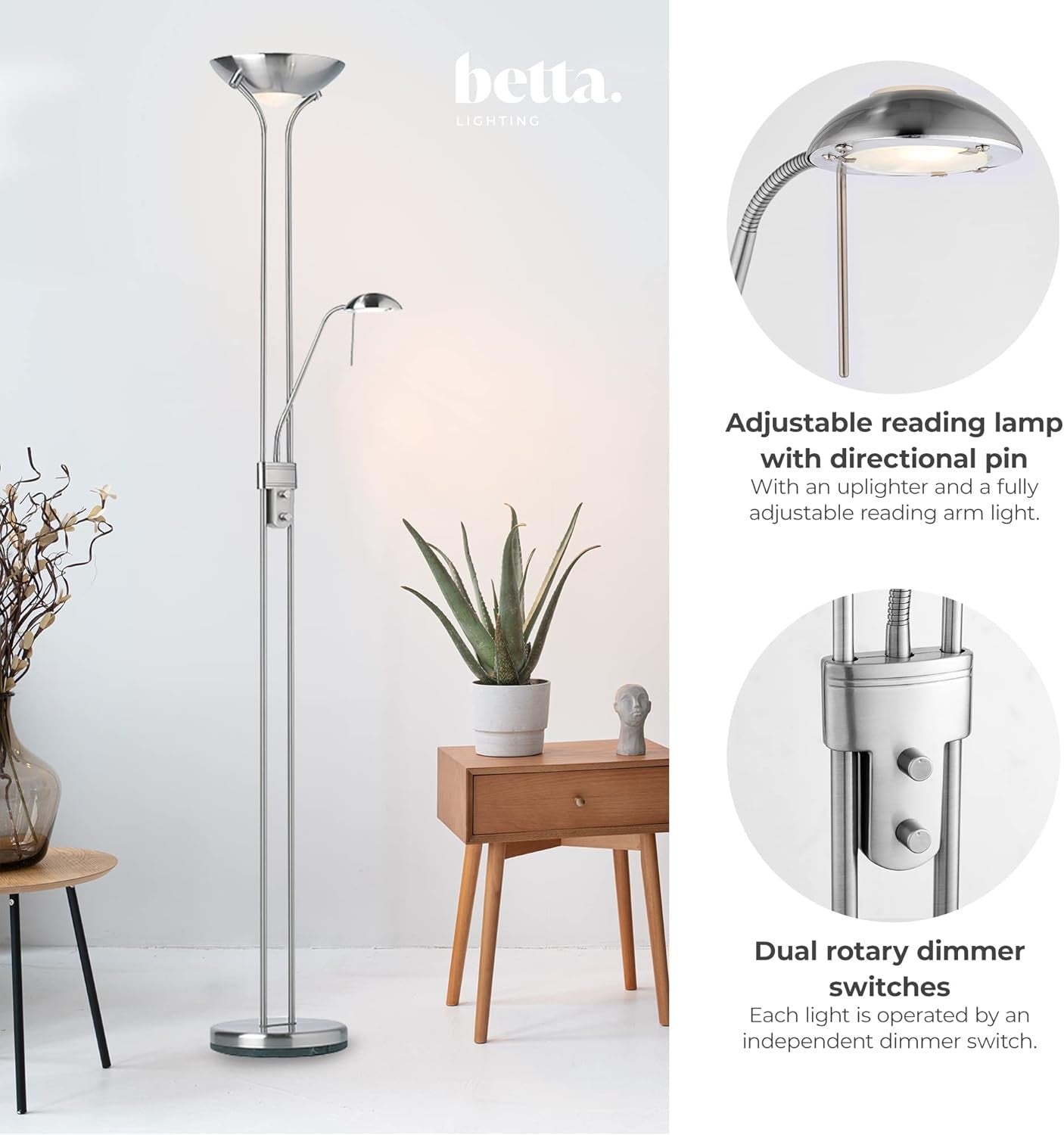 Mother Child Floor Lamp Uplighter Reading Light Satin Chrome Dimmable