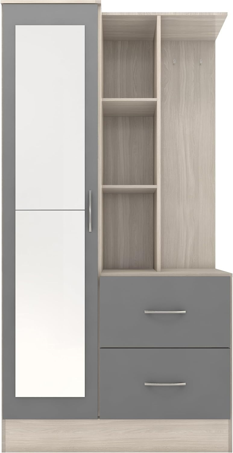Grey Gloss Wardrobe with Mirror & Drawers Oak Effect Storage Unit