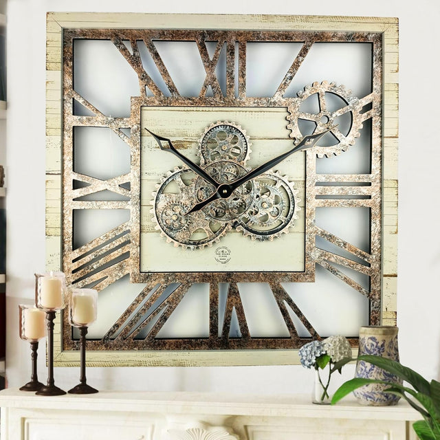 Oversized 24" Gear Wall Clock Square Desert Beige Vintage Rustic Decor