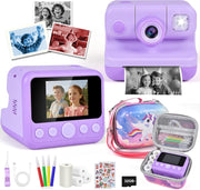 Kids Instant Print Camera 30MP 32GB Card 4 Paper Rolls Purple Kit