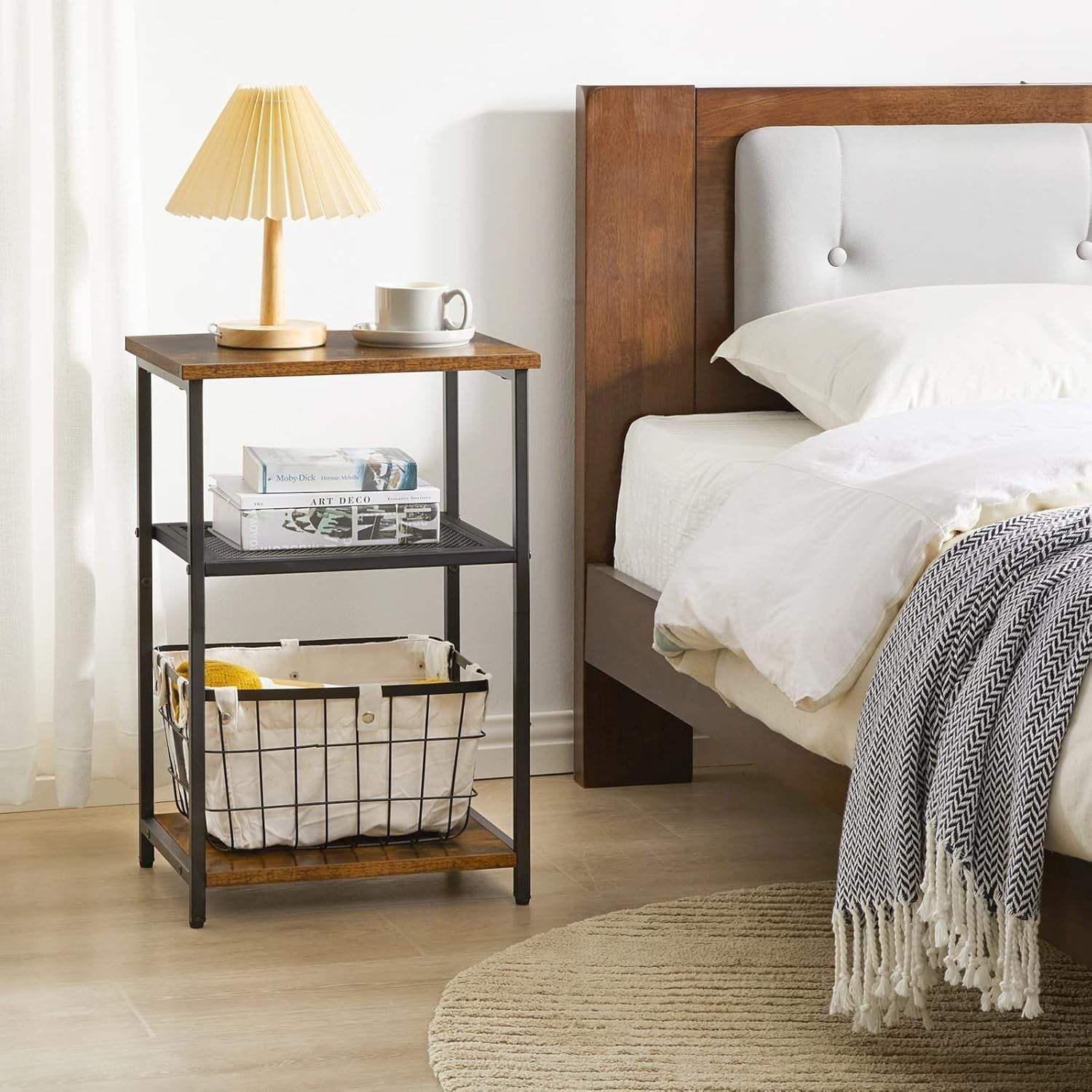 3-Tier Industrial Side Table with Wood & Metal Shelves, Compact Storage