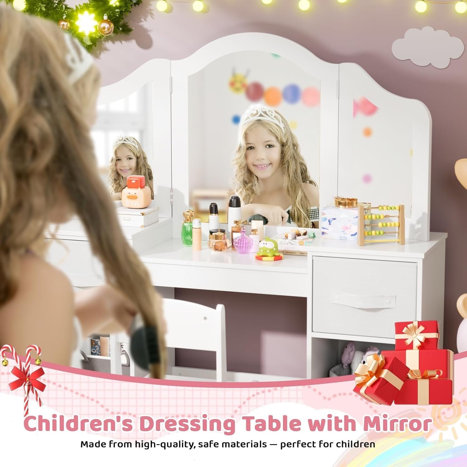 Kids Dressing Table Set with Chair, Tri-Fold Mirror & Storage Drawers White