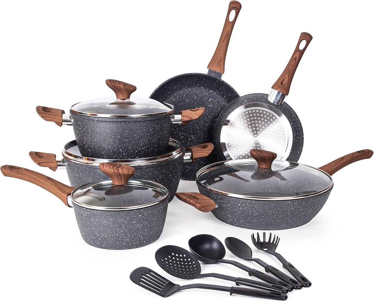 15pcs Marble Non Stick Induction Cookware Set with Lids & Utensils