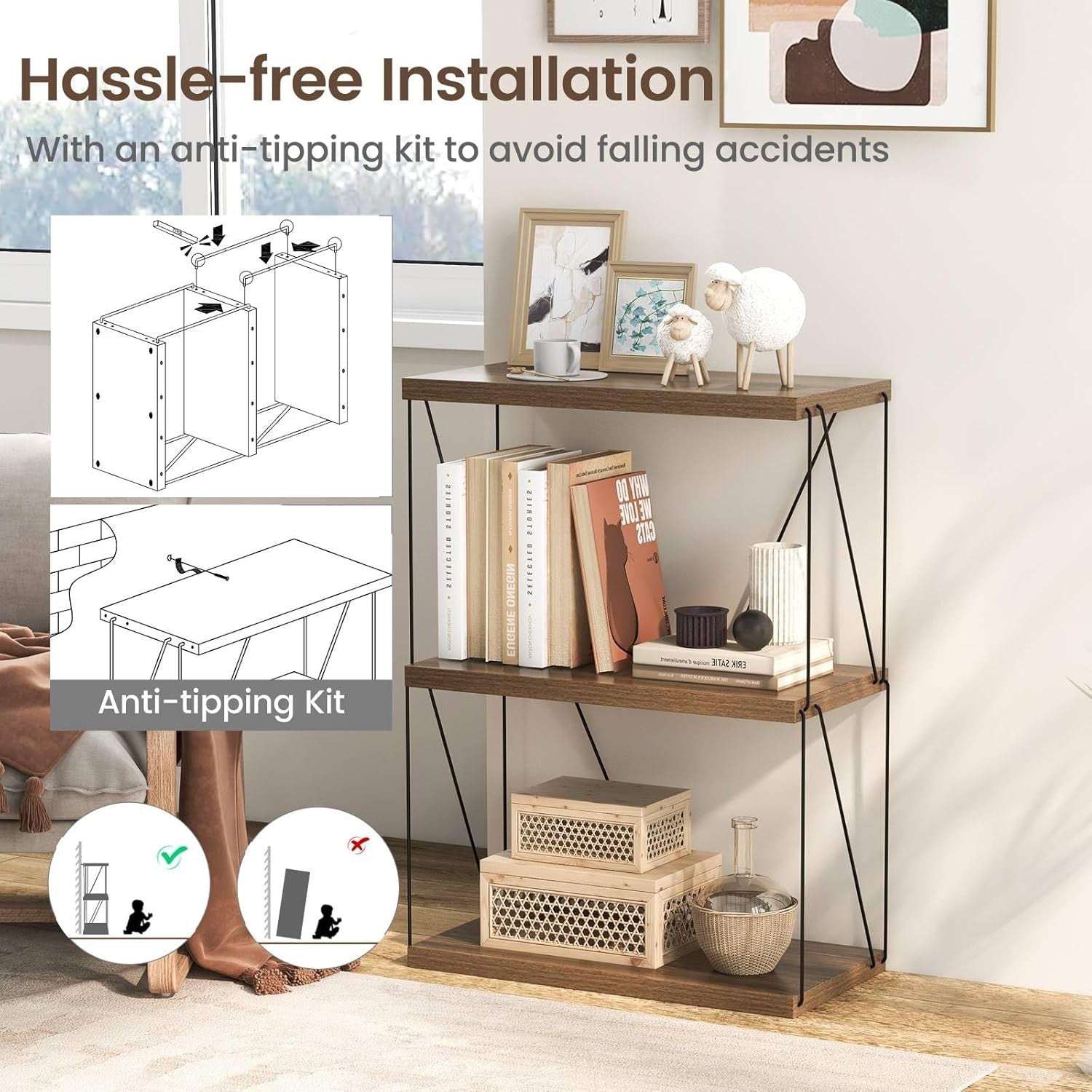 3-Tier Industrial Bookshelf Rustic Wood & Metal Display Storage Unit for Home