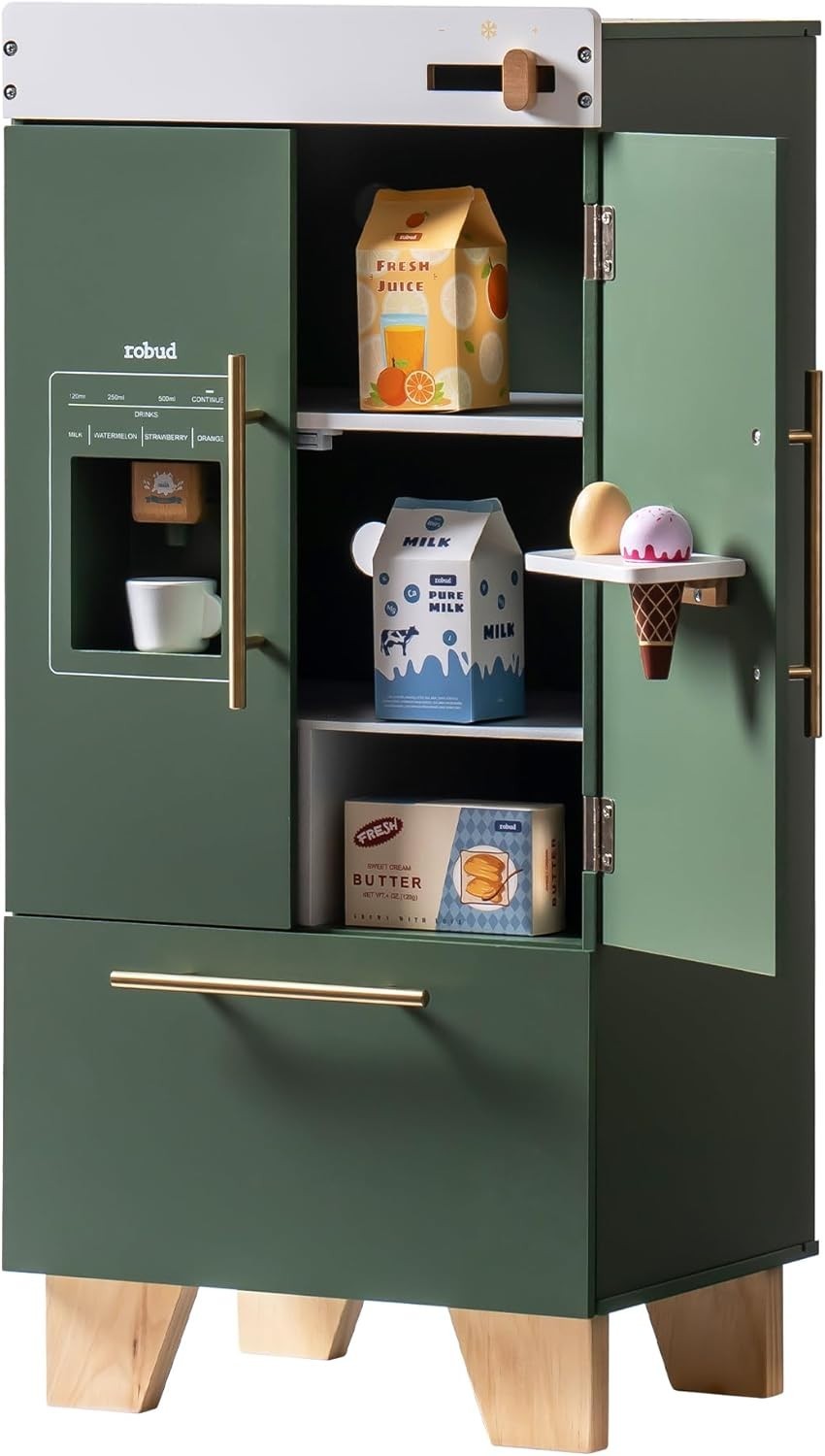 Wooden Kids Toy Fridge Vintage Green Pretend Kitchen Refrigerator
