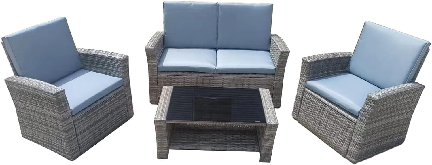 4-Piece Rattan Garden Furniture Set Outdoor Sofa Chairs with Table