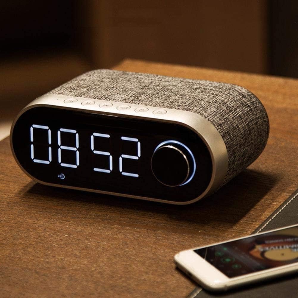 Grey Fabric Bluetooth Alarm Clock Speaker FM Radio LED Desk Bedside