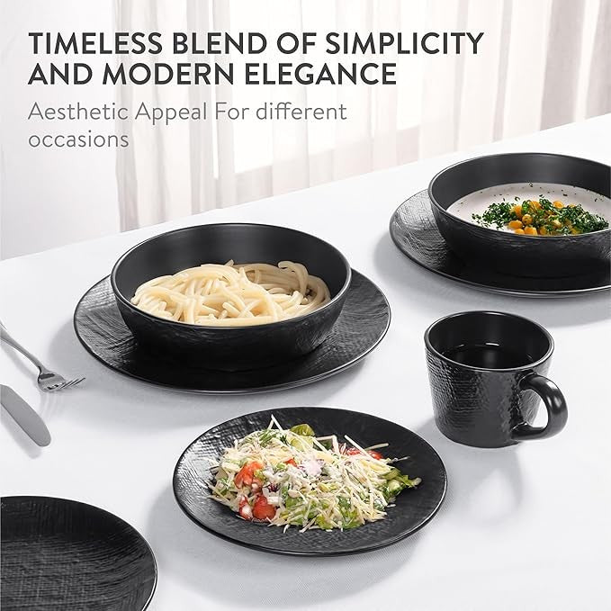 16pc Stoneware Dinner Set for 4 Charcoal Black Plates Bowls Mugs Dishwasher Safe