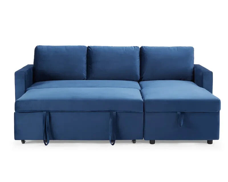 3 Seater Sofa Bed Blue Velvet | Pull Out Chaise with Storage | Reversible