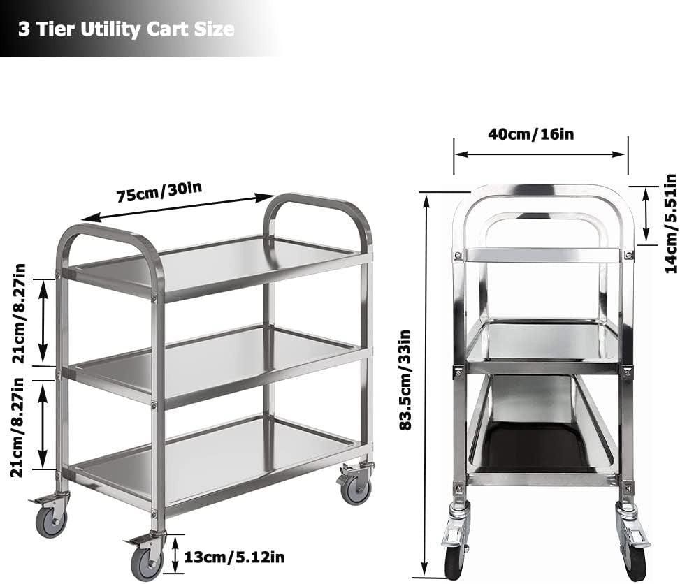 Stainless Steel 3 Tier Catering Trolley Cart w/ Locking Wheels
