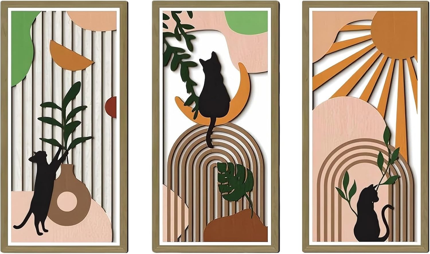 Boho Wooden Cat Wall Art Set 3Pcs Geometric Decor