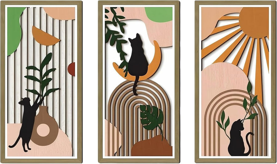 Boho Wooden Cat Wall Art Set 3Pcs Geometric Decor