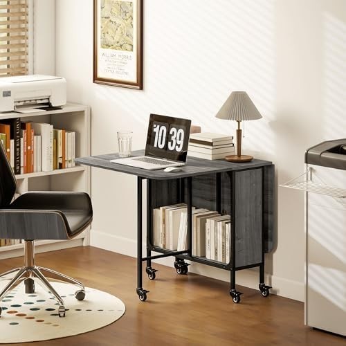 Folding Drop Leaf Dining Table with Wheels & Storage Shelf for Small Spaces