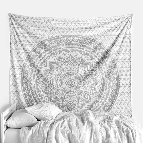 Boho White Silver Ombre Mandala Tapestry 52x82" Cotton Decor