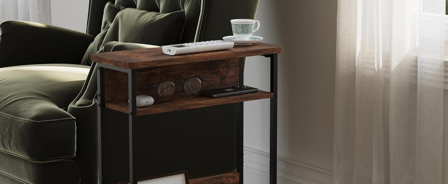 Narrow Side Table with Storage Shelf, 3-Tier Slim Nightstand for Small Spaces, 4