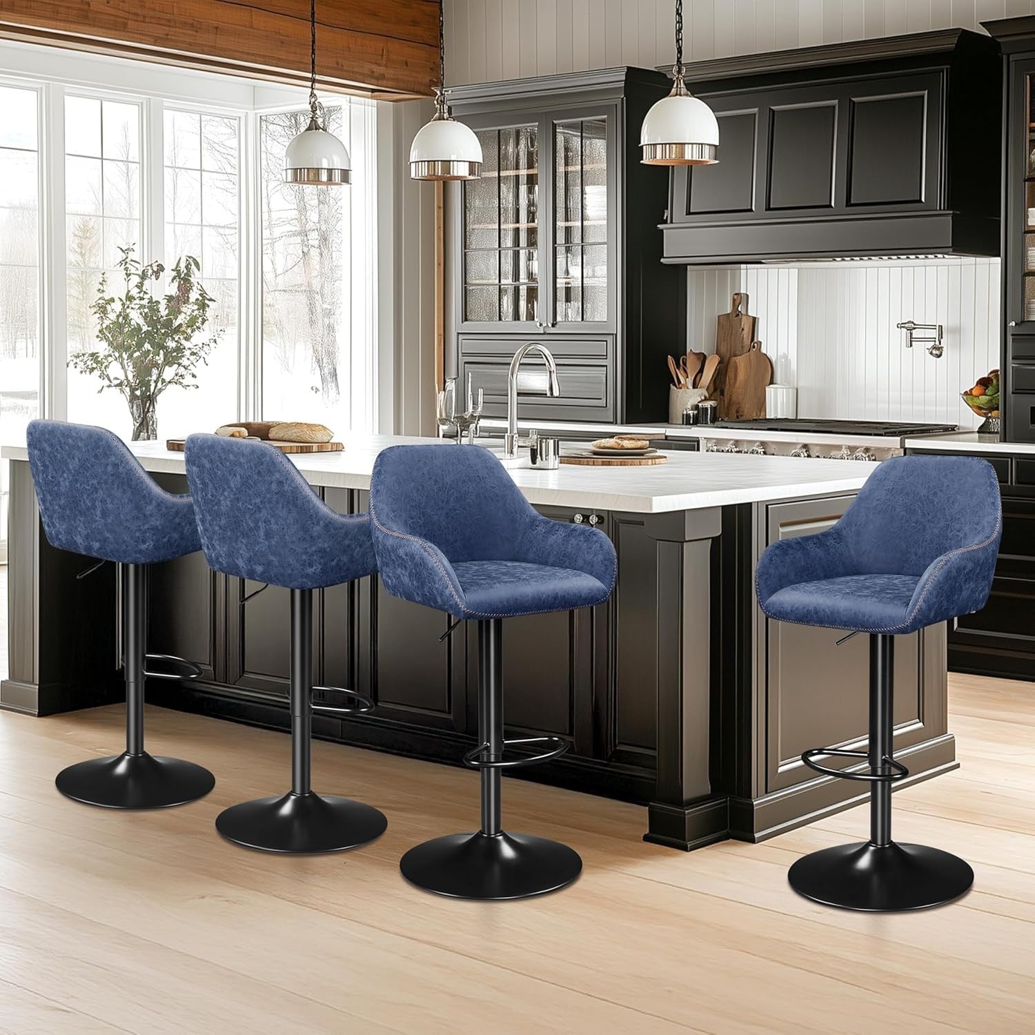 Adjustable Swivel Bar Stools Set of 2 Blue Faux Leather Chairs