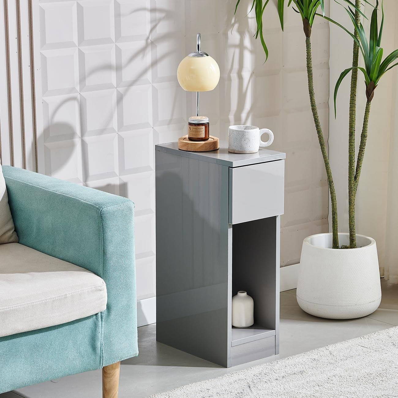 Slim Bedside Table with Drawer & Shelf – Modern Narrow Nightstand