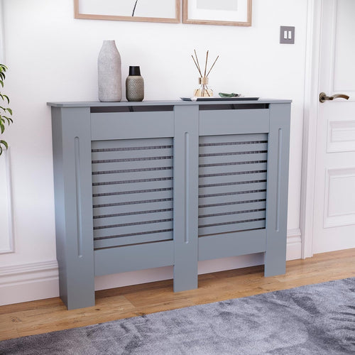 Medium Grey Radiator Cover 102x80x16cm Modern MDF Slatted Cabinet