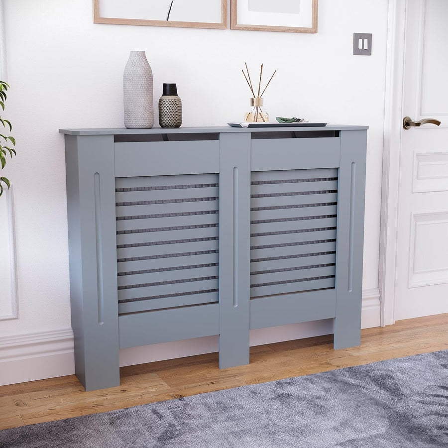 Medium Grey Radiator Cover 102x80x16cm Modern MDF Slatted Cabinet