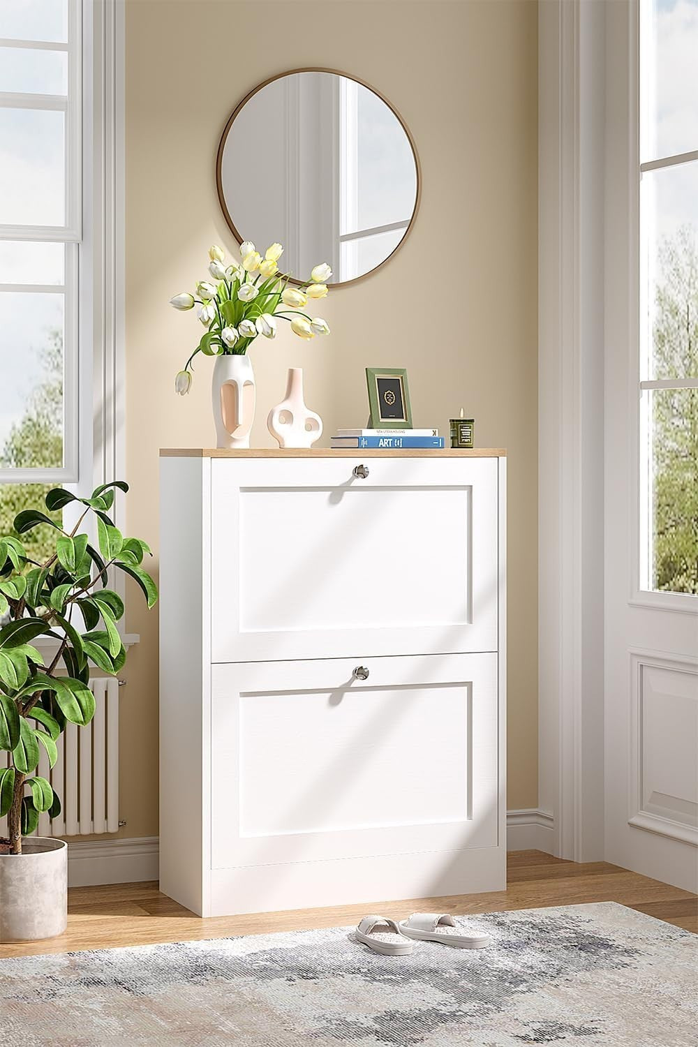 2 Drawer Flip Door Shoe Cabinet with Adjustable Shelves 58x24x80 cm White