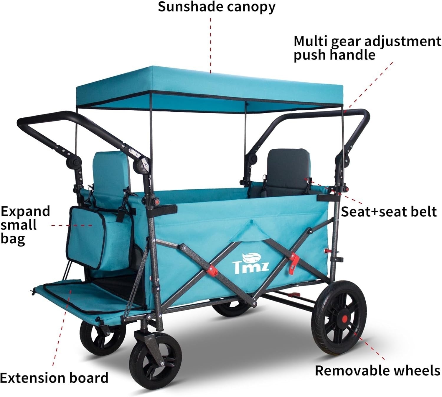 Folding Push Pull Wagon Cart 120kg Capacity w/ Canopy 2 Seats Expandable Design