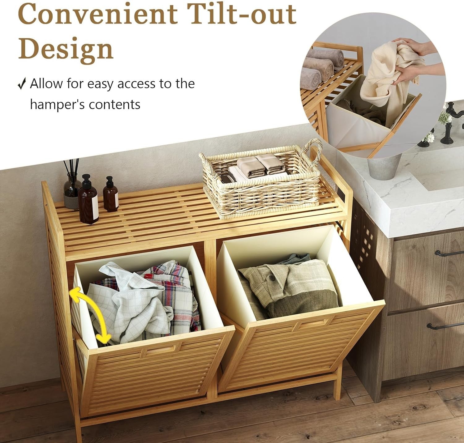 75L Bamboo Double Tilt-Out Laundry Hamper With Shelf Removable Bags Unit