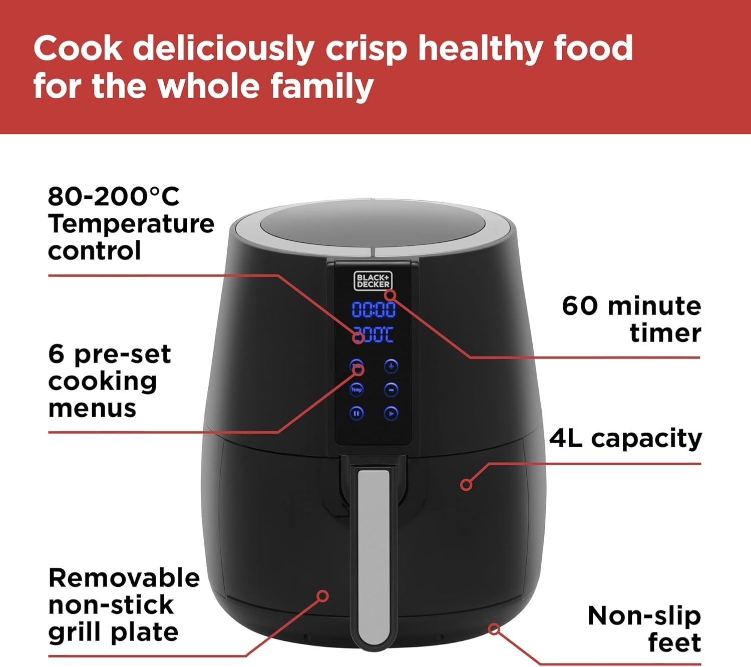 4L Digital Air Fryer 1500W Extra Crisp Healthy Cooking Fast 6 Presets Easy Clean