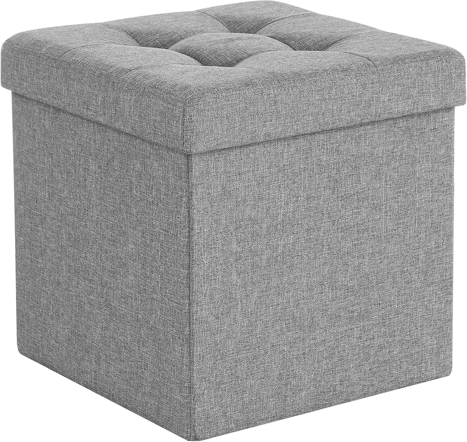 Light Grey Folding Storage Ottoman Cube 38cm Footstool with Lid & Tufted Seat